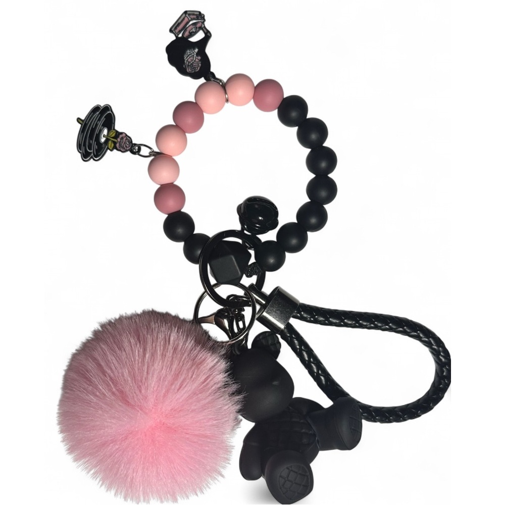 Pink & Black Beaded Pom-Pom and Black Bear Keychain Wristlet - Picture 4 of 7